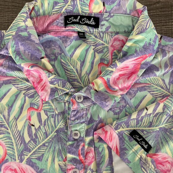 Bad Birdie Mens Performance Polo Mingos Tropical Flamingos Authentic Bad Birdie - Picture 2 of 9